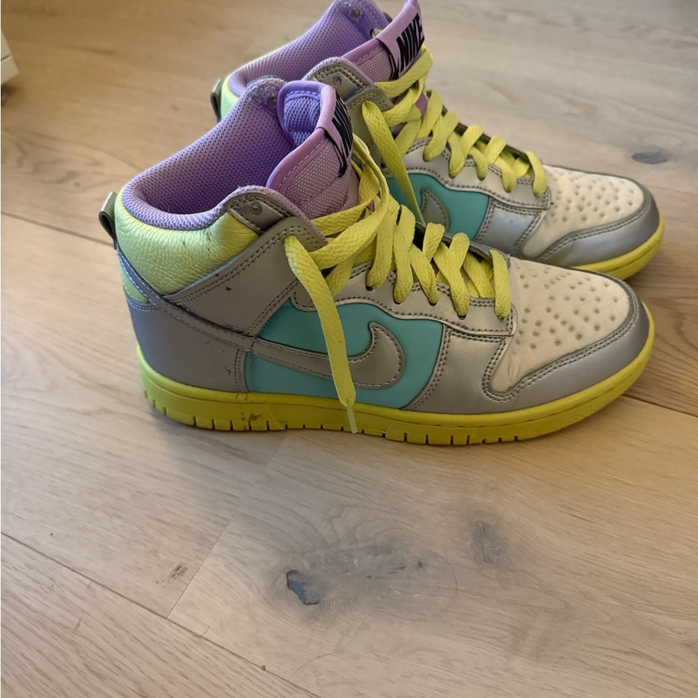 Custom Nike ID Dunk Highs | Silver / Neon green / Turquoise High-Top Sneakers